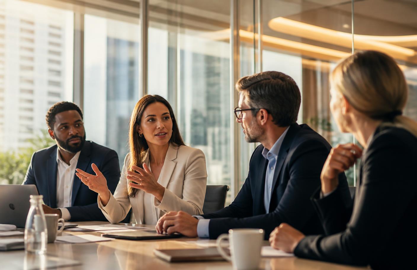 Executives in a strategy meeting in a bright modern office