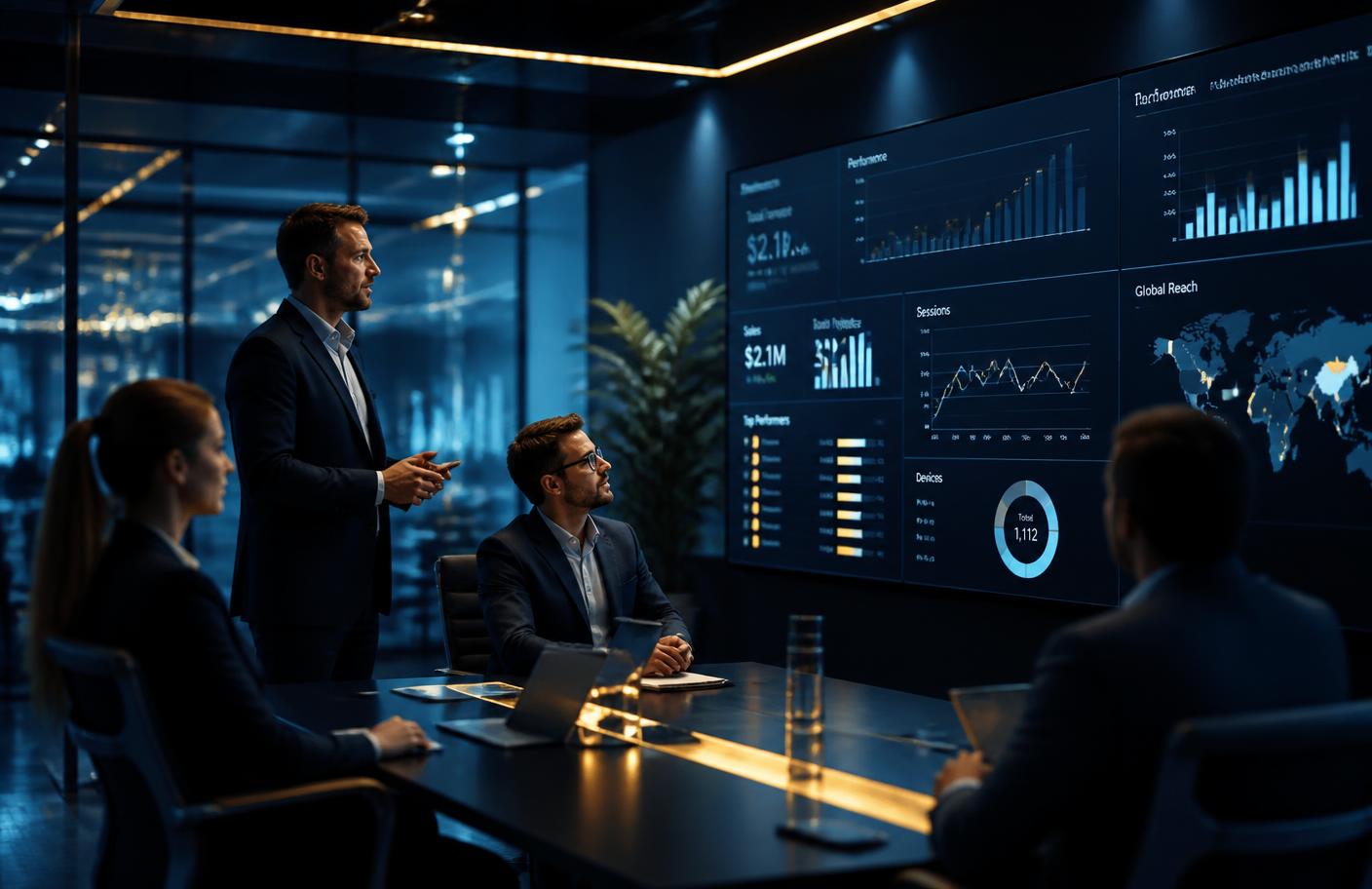 Marketing team reviewing growth analytics dashboards